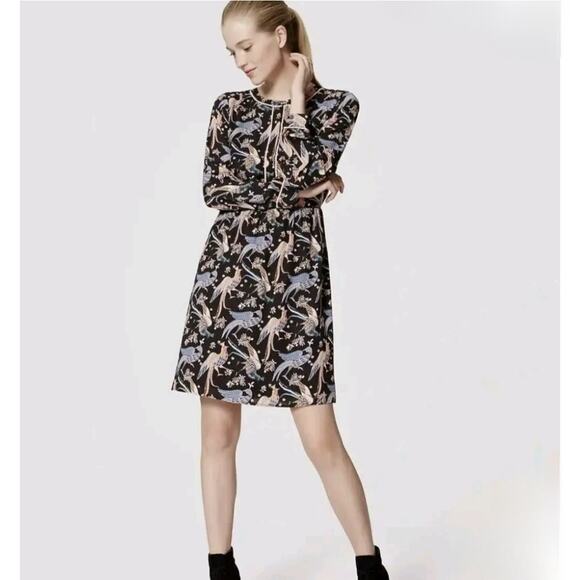 Ann Taylor Loft Snowbird Bird Print Shirt Dress Size 10 Long Sleeve Black Blue‎ - Picture 1 of 10